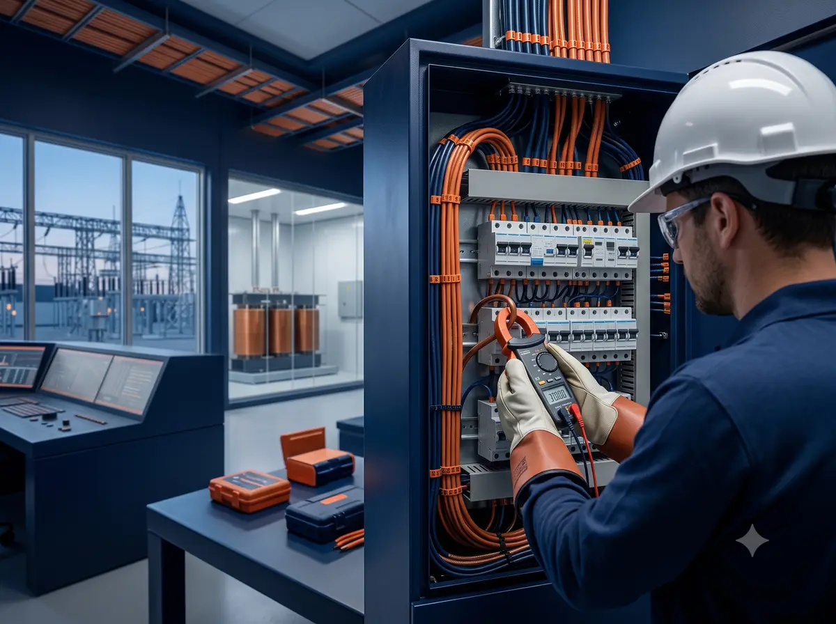 Engenheiro medindo grandezas elétricas em quadro de distribuição