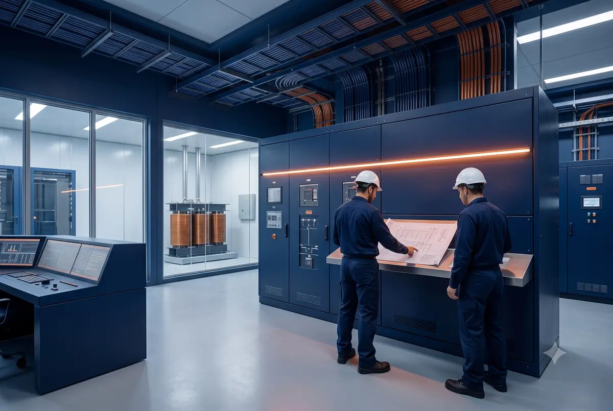 Equipe técnica em EPI diante de painel elétrico industrial