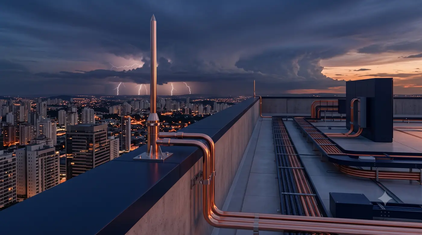 Captor de SPDA no topo de edifício sob céu de tempestade