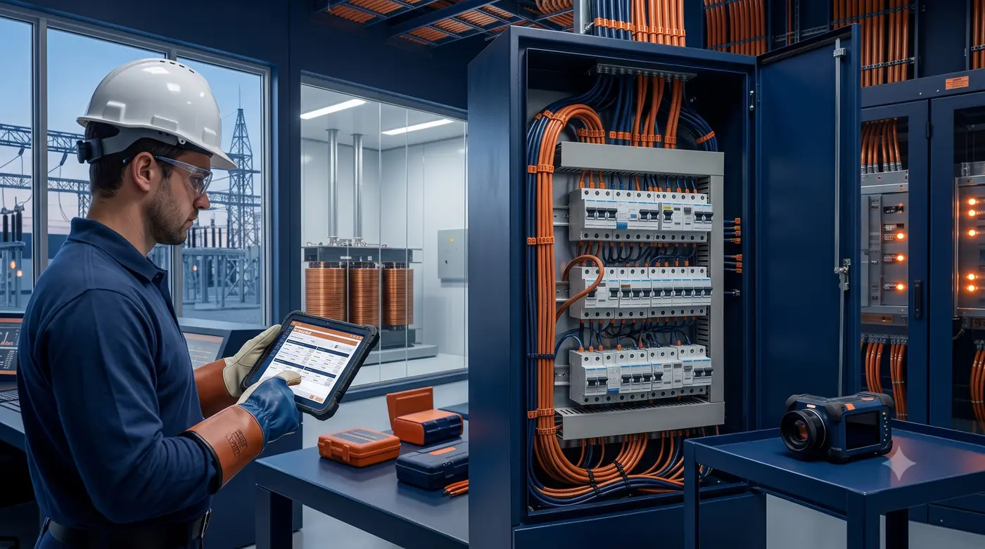 Engenheiro inspecionando painel elétrico aberto com instrumentos