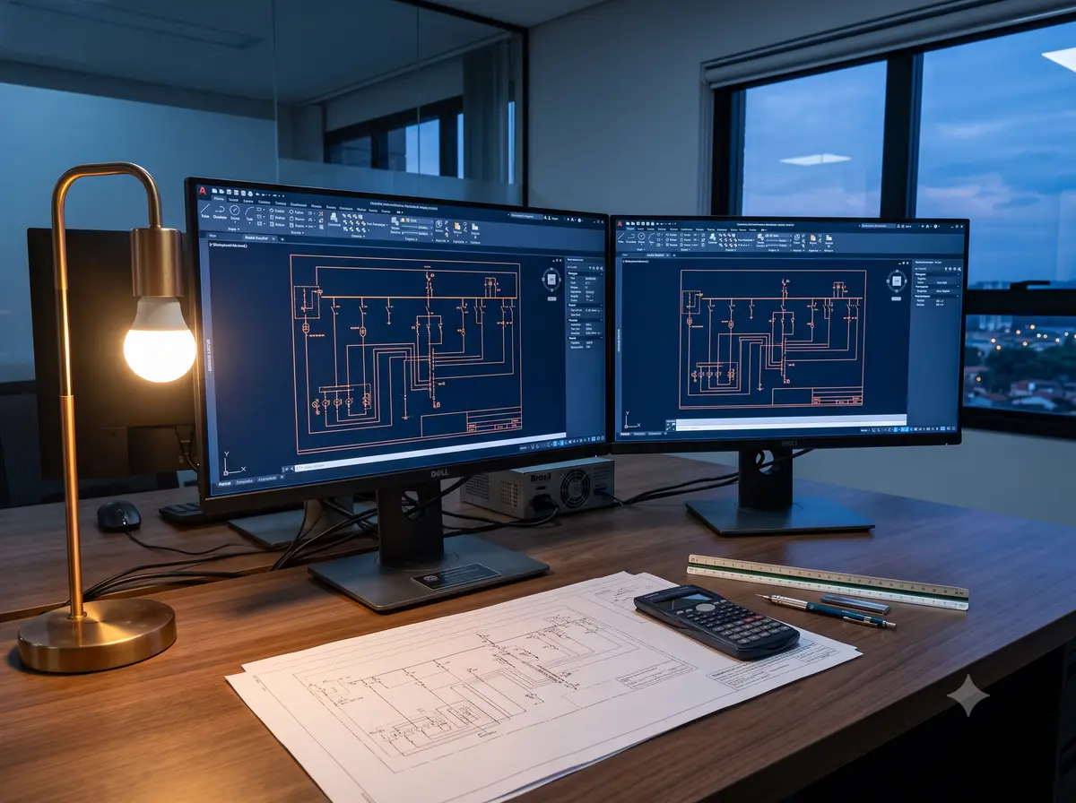 Estação de trabalho com CAD elétrico e diagramas unifilares